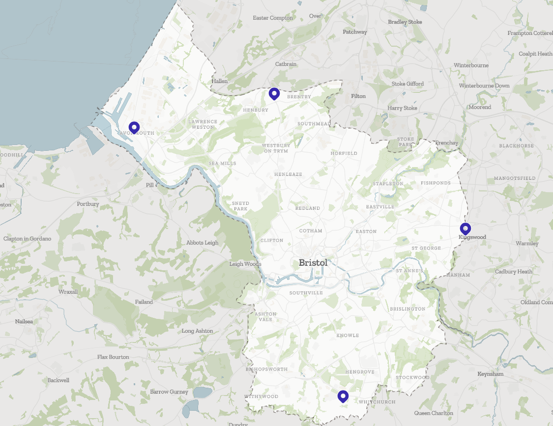 A screen grab of the map, highlighting the bounds of Bristol and the locations of the four pubs