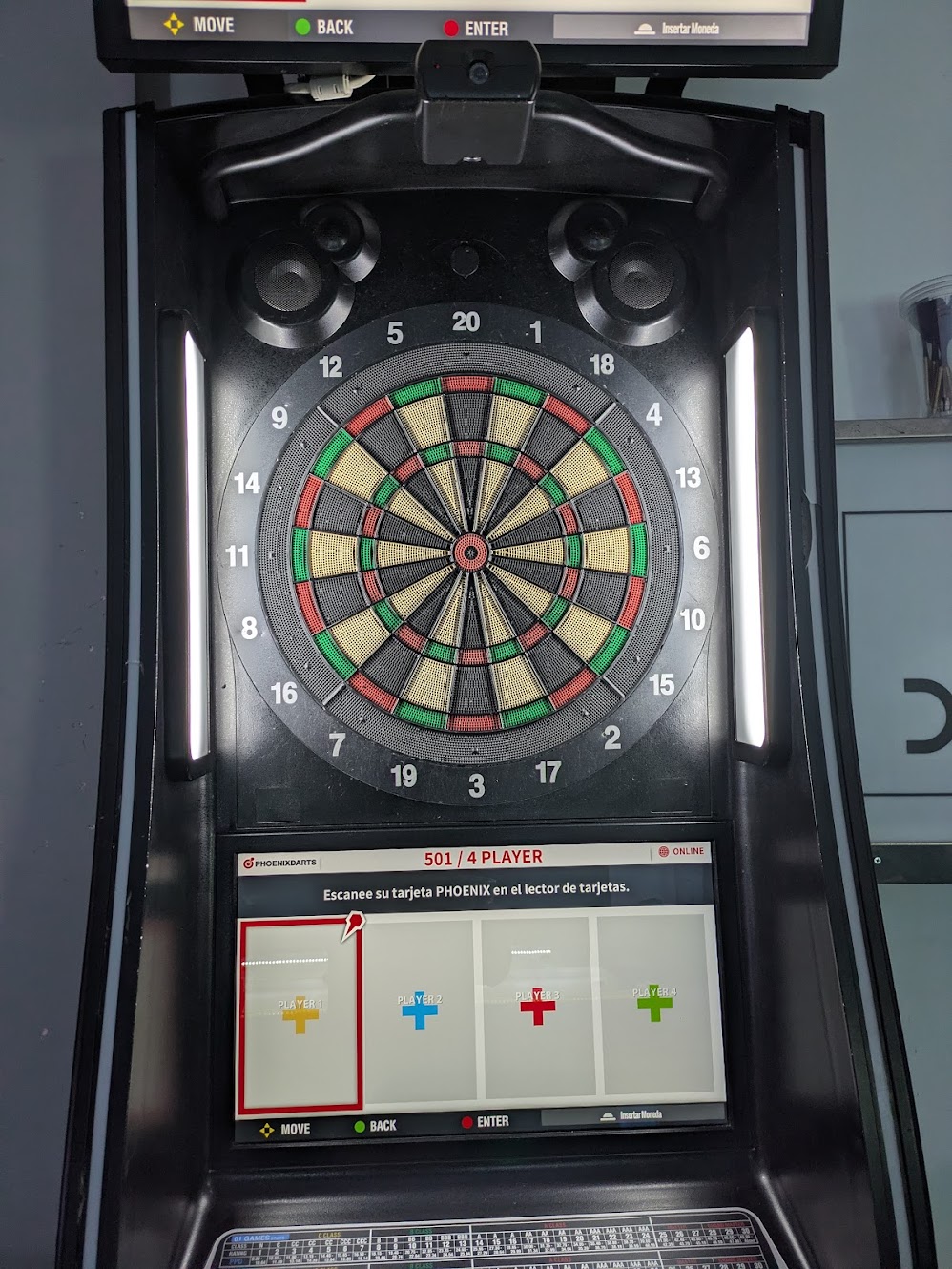 A close up image of the soft tip board, which is slightly larger than a normal board, with larger doubles/trebles and bullseye