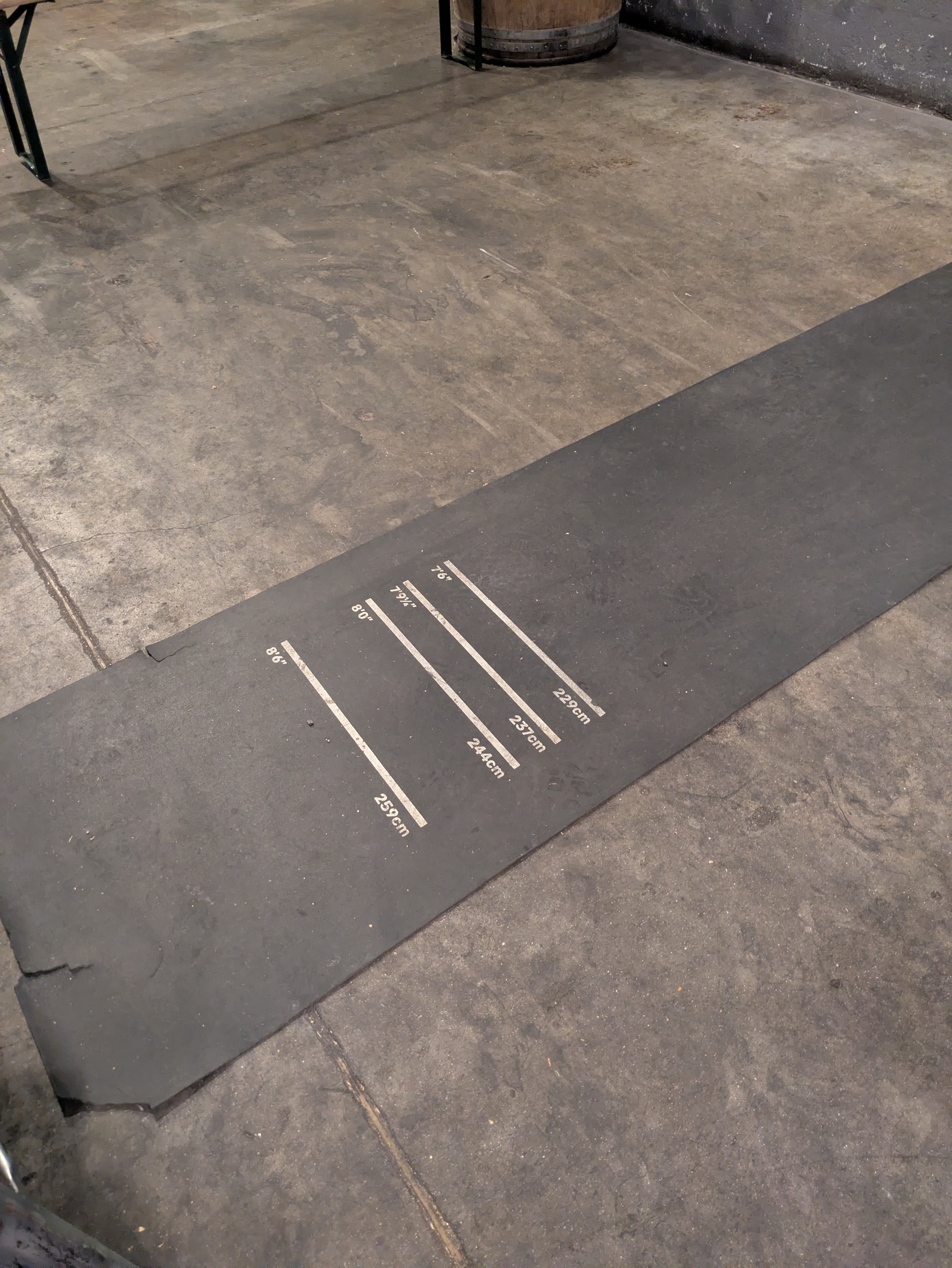 A mat on the floor showing four throwing lines