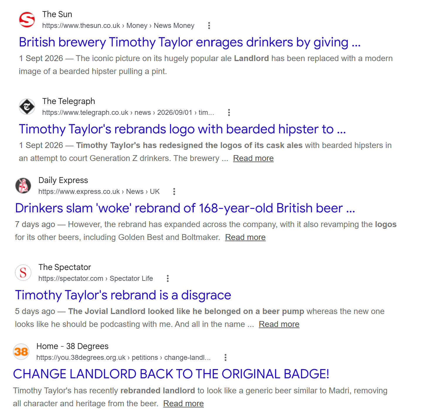 A collection of headlines from right wing papers from a google search of timmy taylors