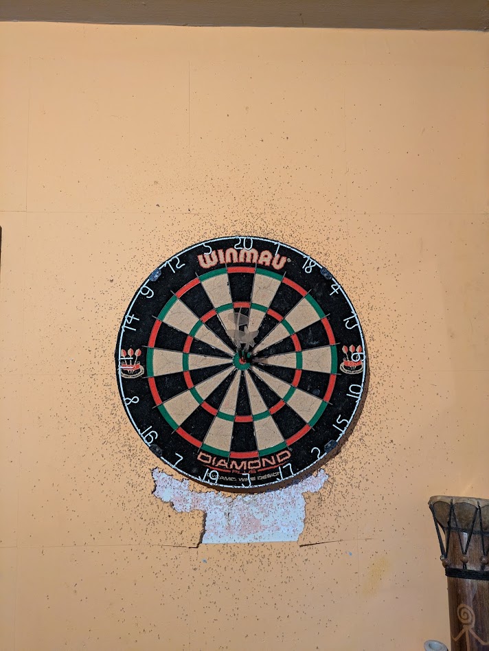 A close up picture of the board, including 2 arrows in the bulls eye