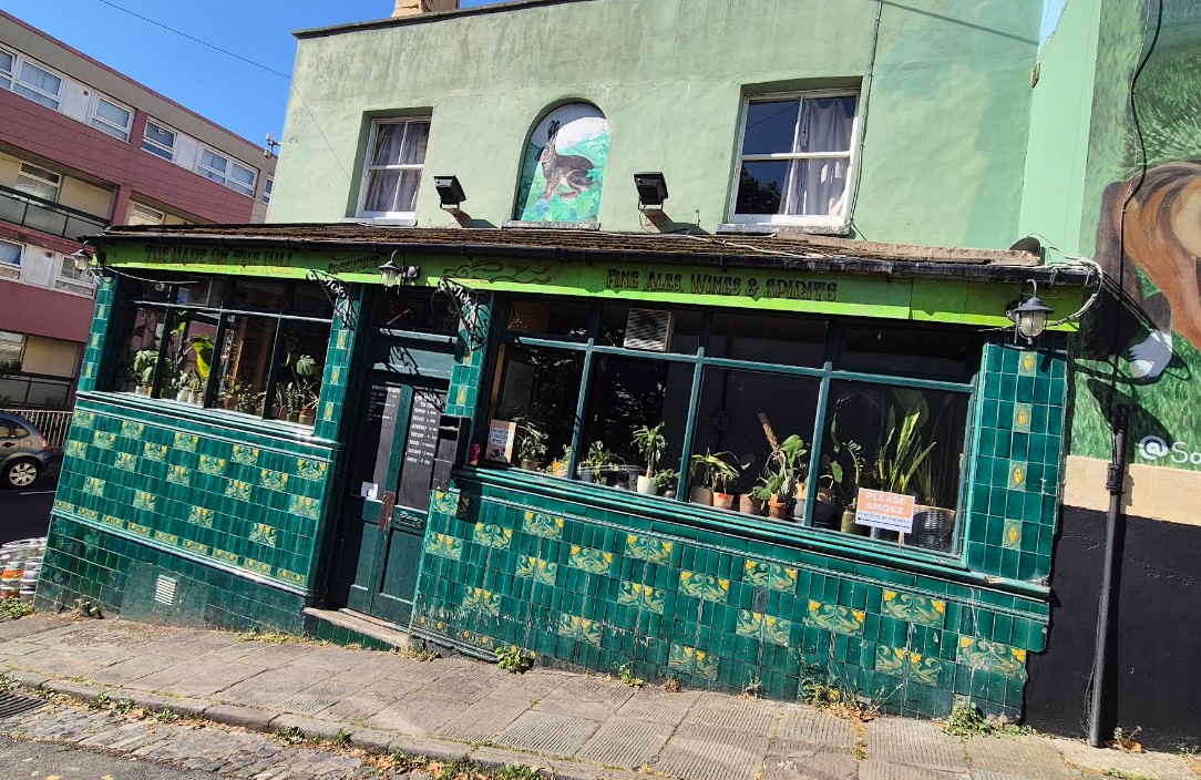 A picture of the outside of the pub at a Dutch angle