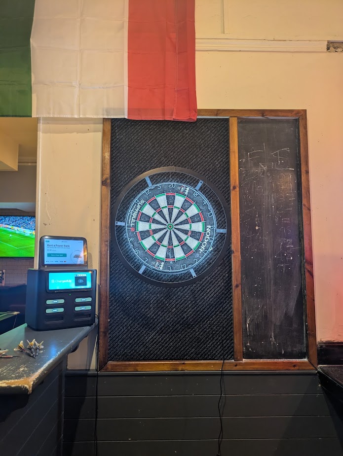 An image of the dartboard, showing the useless chalkboard on the right hand side