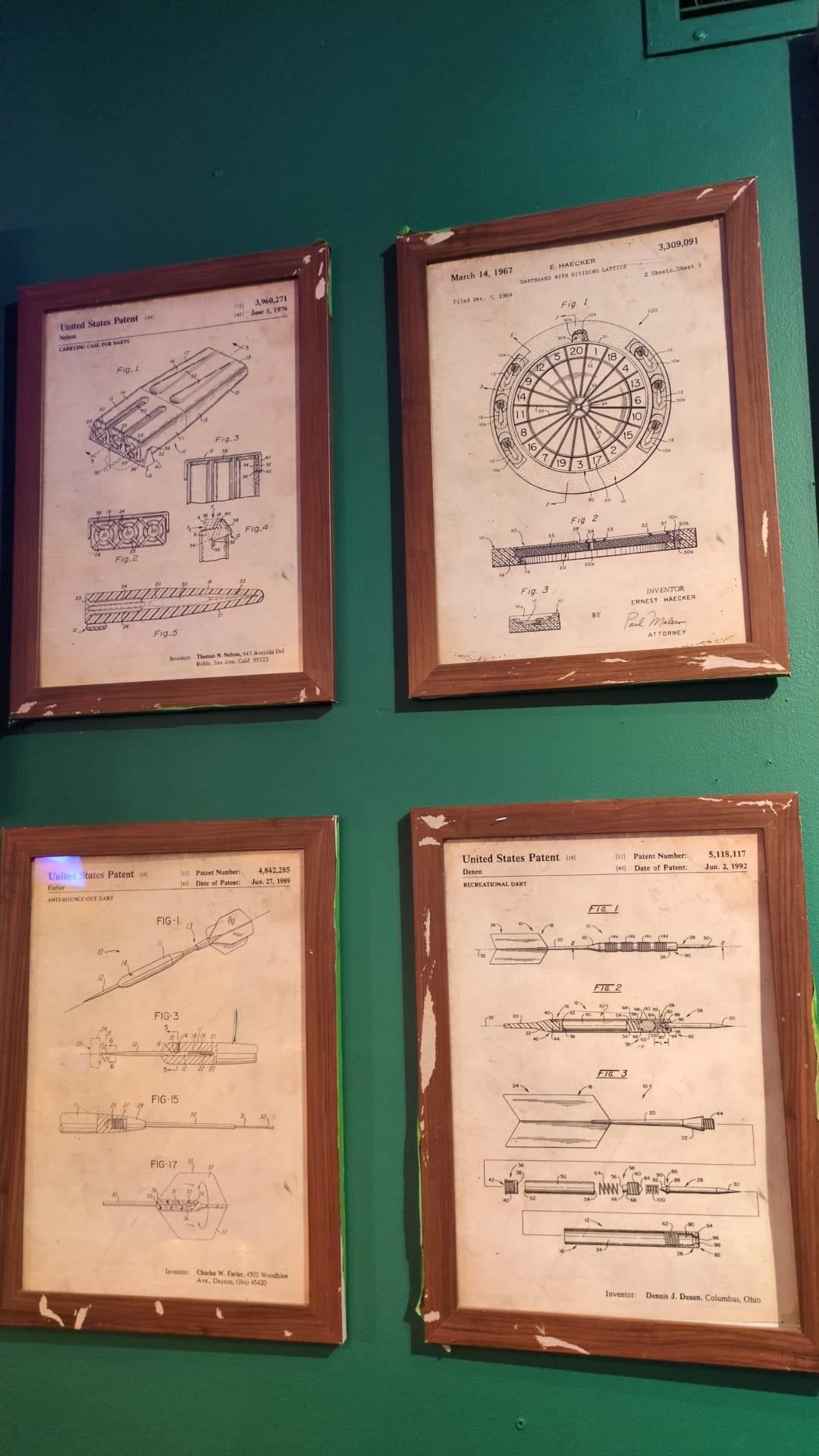 4 framed photos of patent diagrams for darts