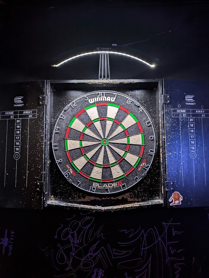 A picture of the board itself, situated in a pretty worn out cupboard, with scoring on the doors either side. A light strip above the board illuminates it.