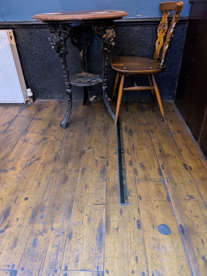 a picture of the line forming the oche, a slightly raised metal strip screwed to the ground