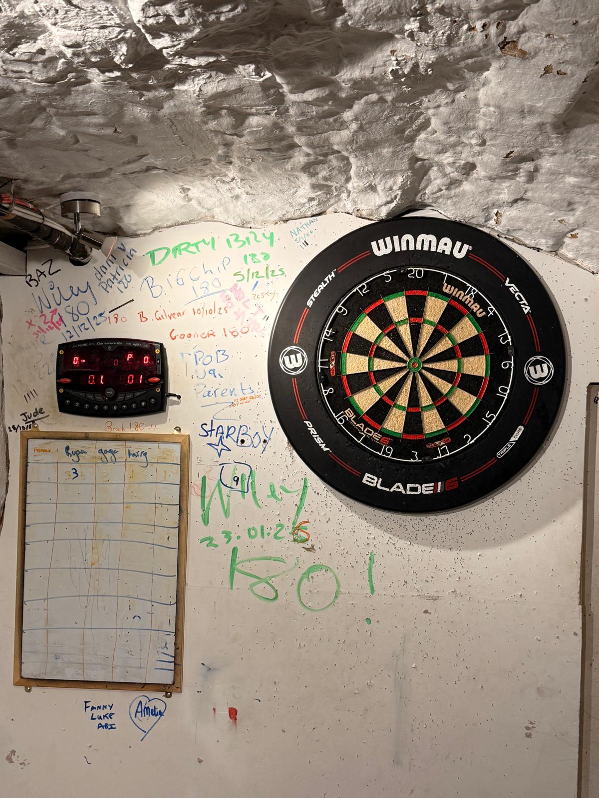 A picture of the dartboard. It has an electronic scoring system to the left